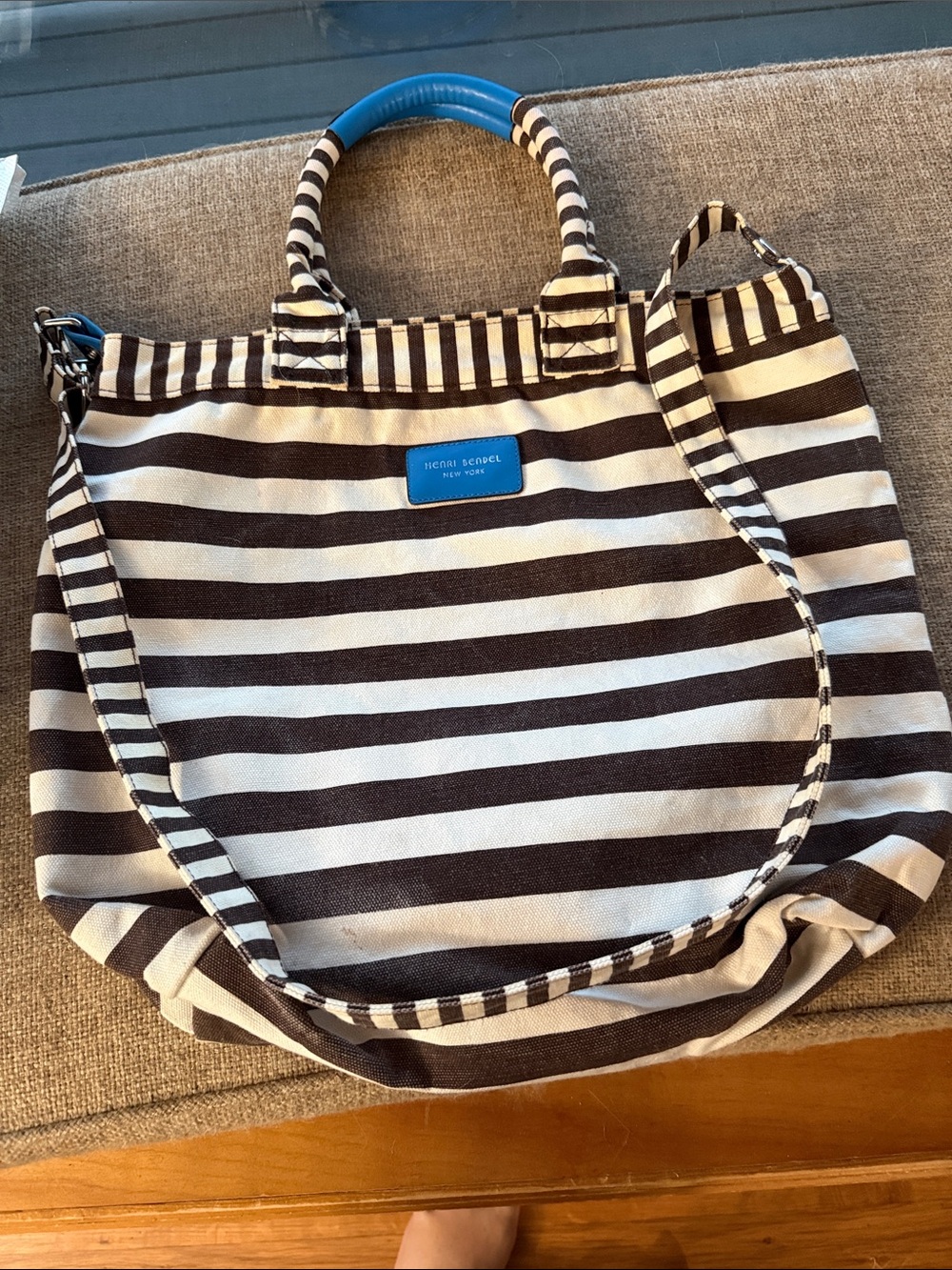 henri bendel Black and White Striped Canvas Tote with Blue Accent